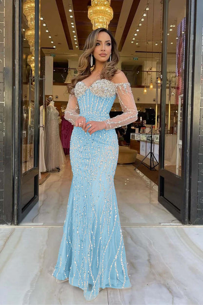 Heavy Prom Dress Sweetheart Long Sleeves Strapless Beading Long Tulle