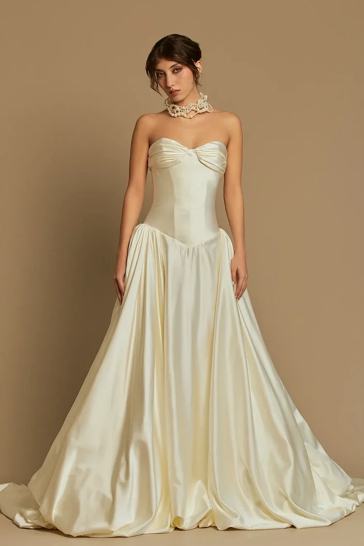 Satin Sweetheart Strapless Sleeveless High Waist Long A-Line Prom Dress With Pleated