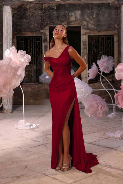 Sleeveless One Shoulder Long Split Prom Dress With Pleated Sequin