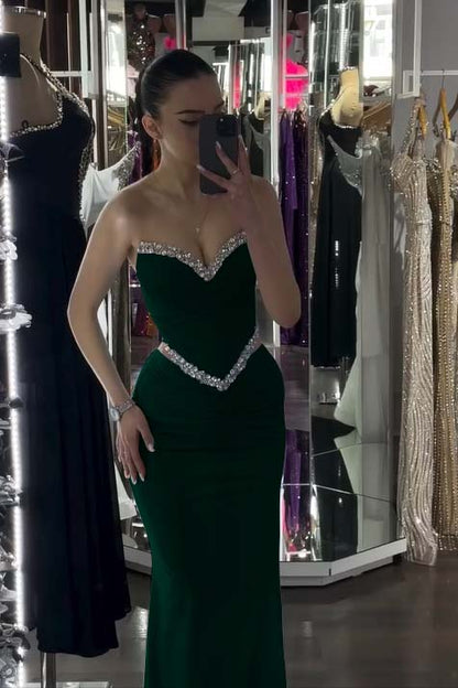 Spandex V-Neck Strapless Sleeveless Long Mermaid Prom Dress With Pleated And Rhinstone