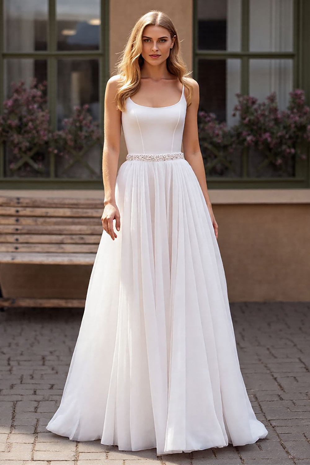 Spaghetti-Straps Sleeveless A-Line Bridal Dresses Scoop Tulle Long With Beads