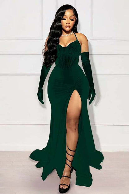 Halter Sleeveless Long Mermaid Prom Dress With Split Gloves