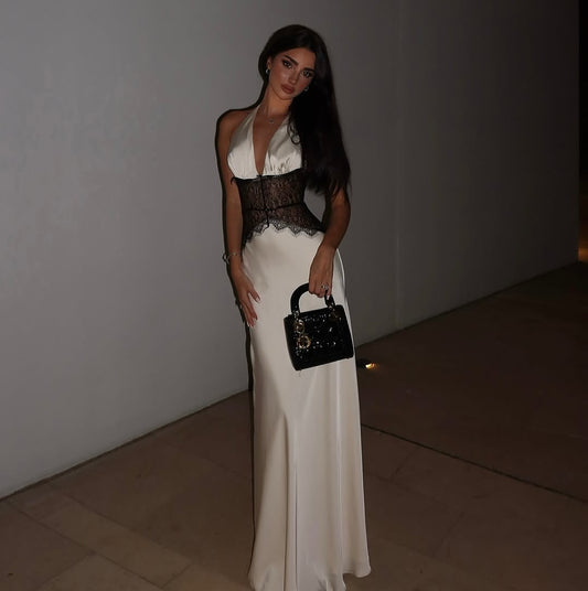 White Satin And Black Lace Halter V-Neck Halter Sleeveless Long Mermaid Prom Dress