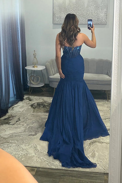 Mermaid Sweetheart Navy Blue Satin Long Prom Dresses with Beadings