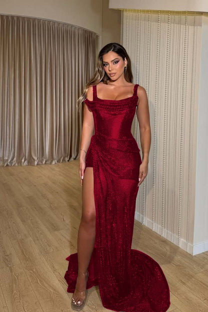 Square Neck Wide Shoulder Straps Sleeveless Long Mermaid Prom Dress With Pleated And High Split