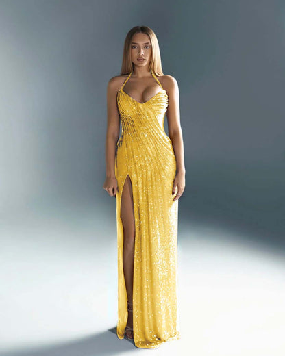 Halter V-Neck Strapless Sleeveless Long Mermaid Prom Dress With Split And Pleated