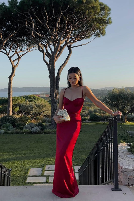 Red Sleeveless Sweetheart Mermaid Long Prom Dress With Pleated