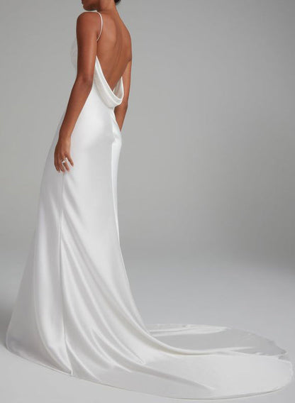 Backless Sheath Fitted Wedding Dresses Silk Like Satin