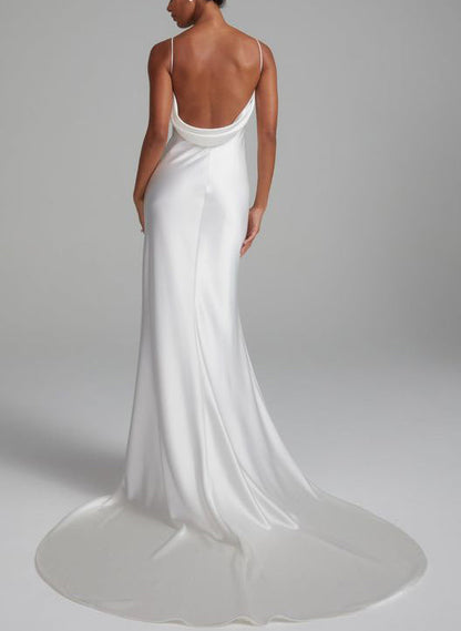 Backless Sheath Fitted Wedding Dresses Silk Like Satin