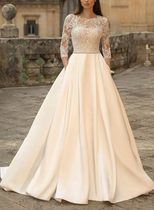 Ball-Gown Satin Wedding Dresses Stunning Lace Sleeves