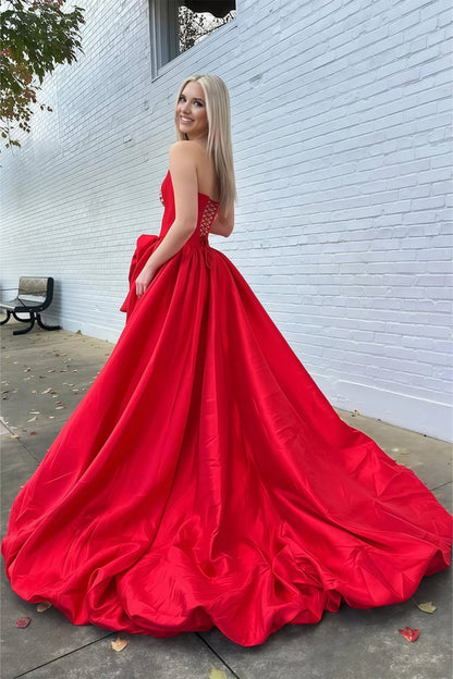 Red - Scoop Neck A Line Satin Long Prom Dress With Floral