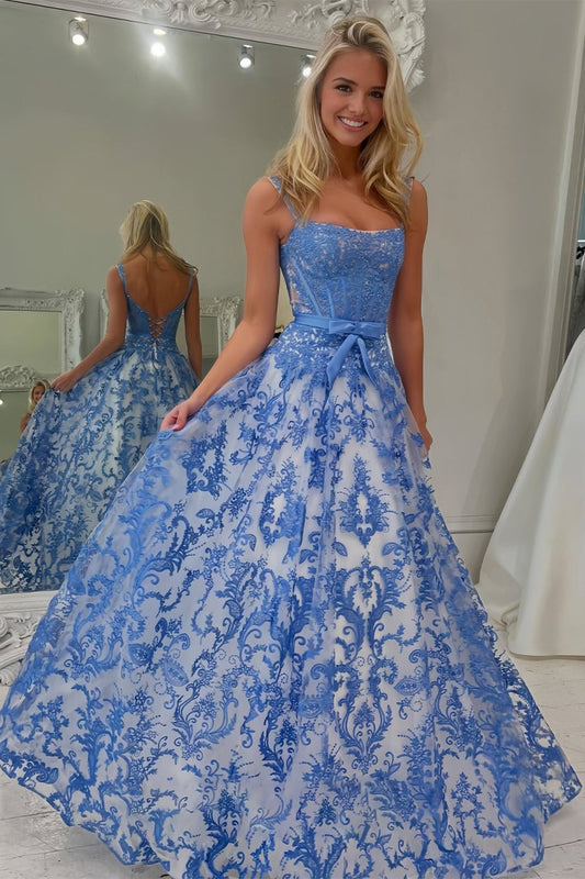 Blue - A Line Square Neck Tulle Applique Long Prom Dresses with Lace Appliques