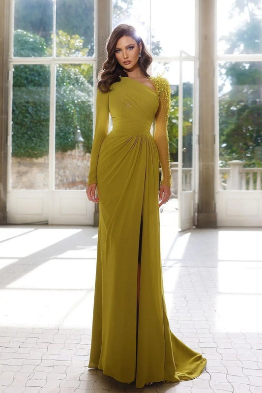 Elegant Long Sleeves Yellow Prom Dress Asymmetric Pleated Split