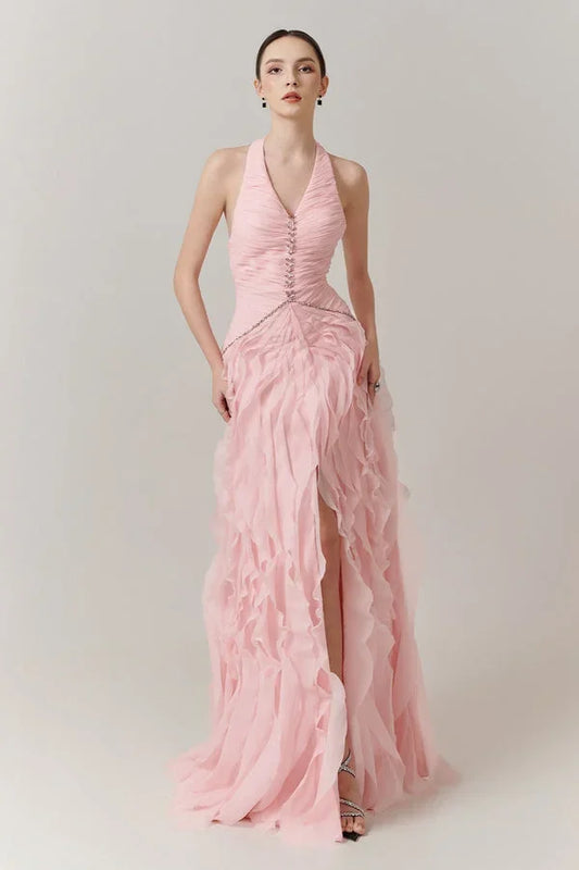 Halter V-Neck Strapless Sleeveless High Waist Long Pleated A-Line Prom Dress With Ruffles And High Split JZ0093