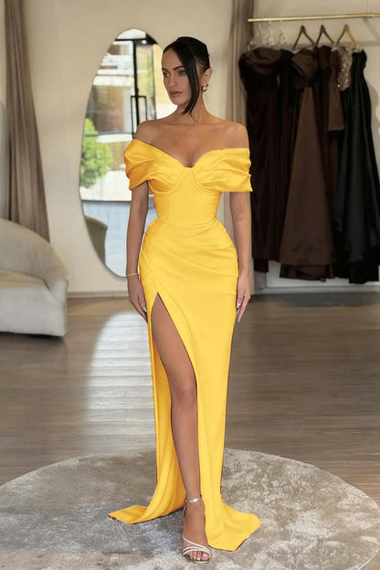 V-Neck Off-The-Shoulder Sleeveless Long Mermaid Prom Dress With Pleated And Split