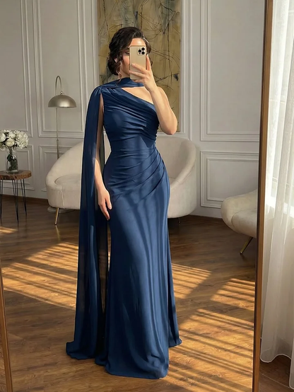 Fashionable Dark Navy Asymmetric Sleeveless Pleated Prom Dress With Scarf