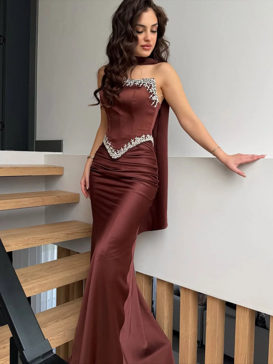 Elegant Straight Across Rhinestone Sleeveless Mermaid Prom Dress With Scarf YK0694