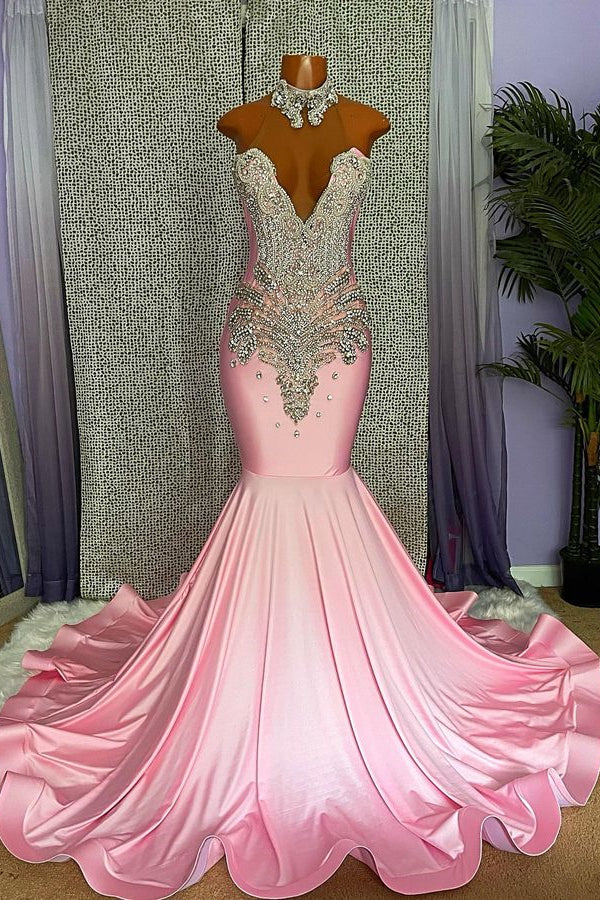 Mermaid Strapless Pink High Neck Sleeveless Prom Dress Beaded With Appliques