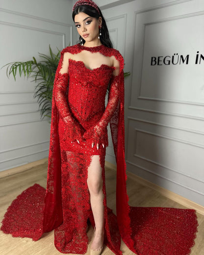 Elegant Lace Shawl Floor-Length Detachable Long Sleeve Mermaid Prom Dress