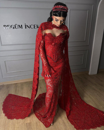 Elegant Lace Shawl Floor-Length Detachable Long Sleeve Mermaid Prom Dress
