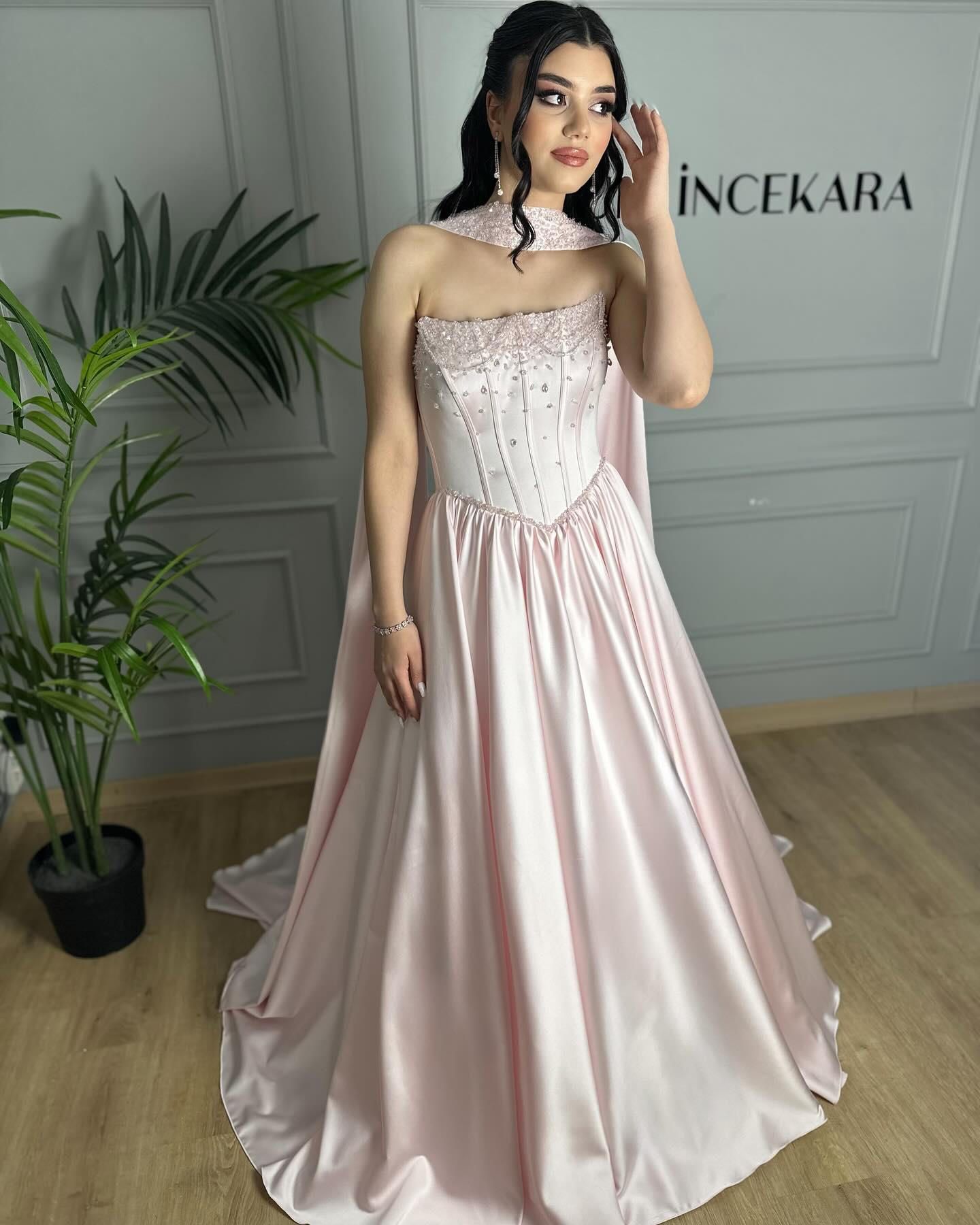 Beaded Pink Strapless Sleeveless A-Line Floor-Length Evening Dress
