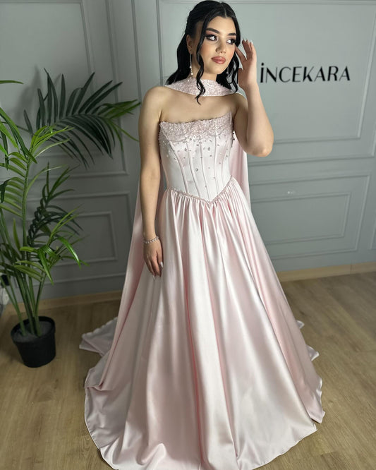 Beaded Pink Strapless Sleeveless A-Line Floor-Length Evening Dress