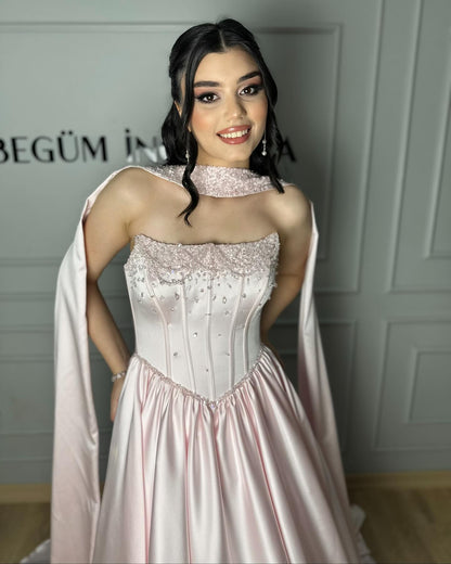 Beaded Pink Strapless Sleeveless A-Line Floor-Length Evening Dress