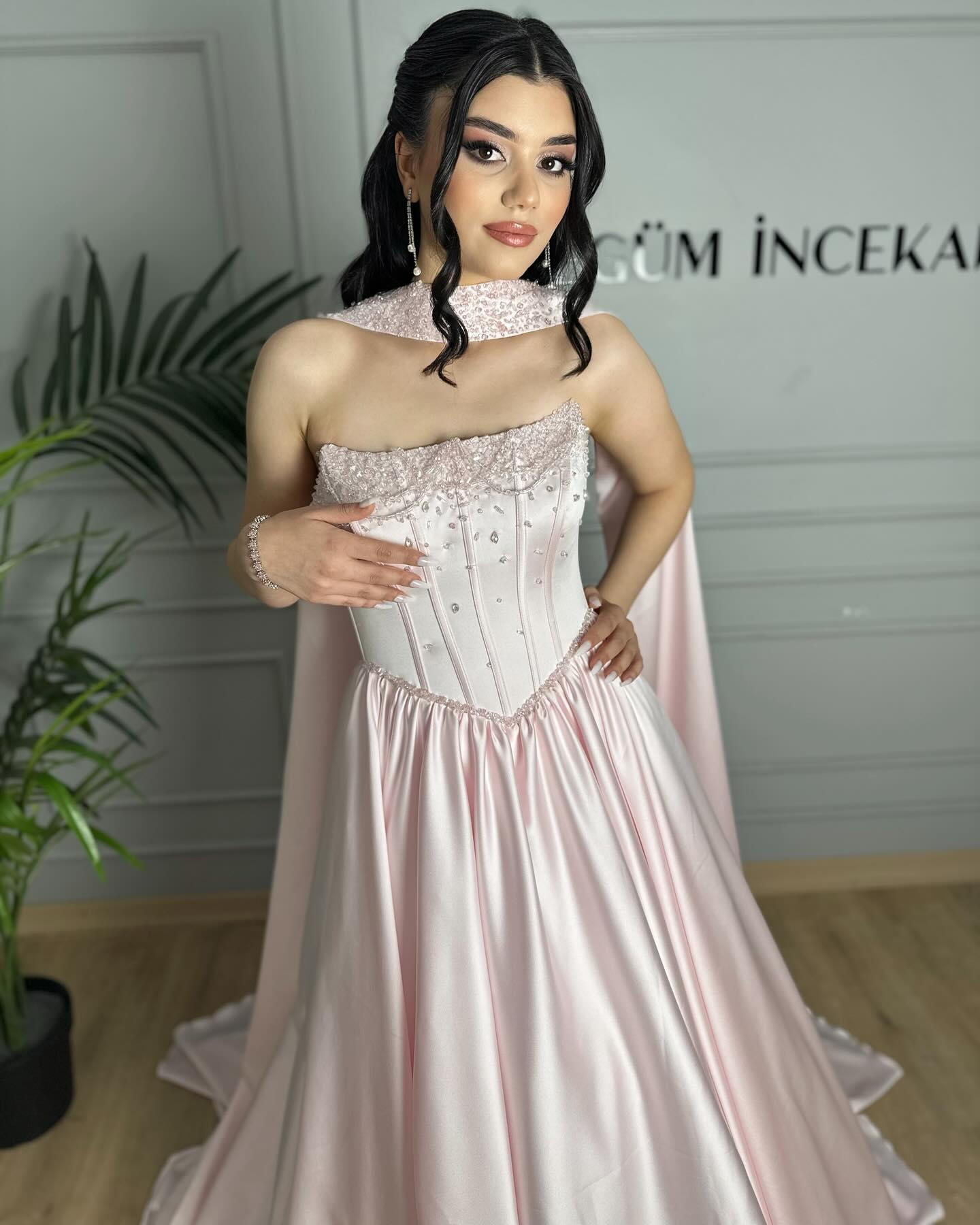 Beaded Pink Strapless Sleeveless A-Line Floor-Length Evening Dress