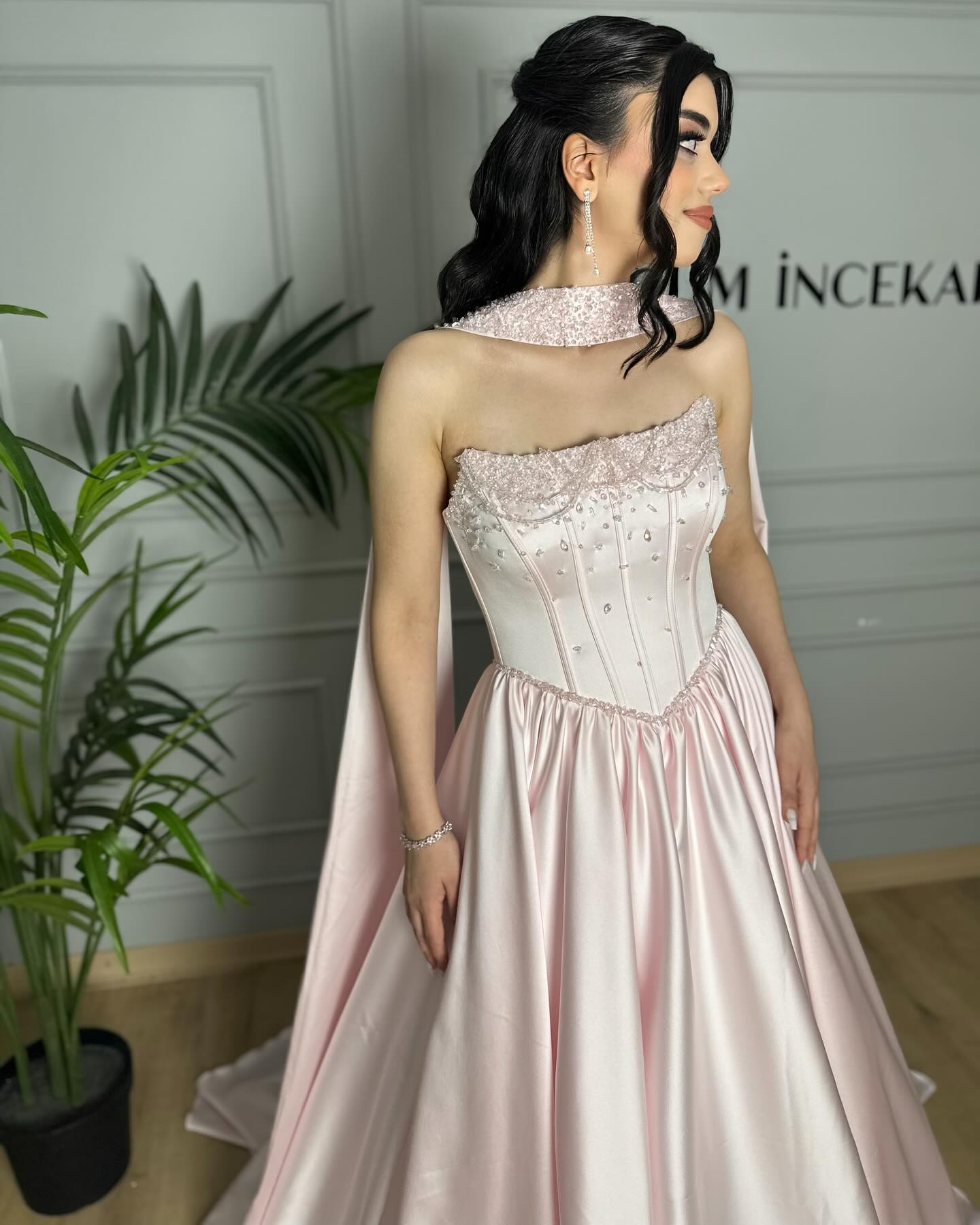 Beaded Pink Strapless Sleeveless A-Line Floor-Length Evening Dress