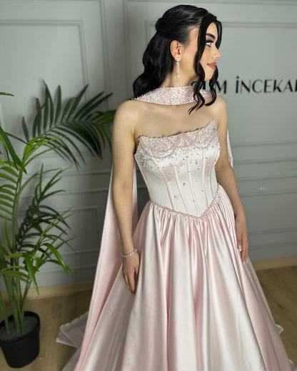 Beaded Pink Strapless Sleeveless A-Line Floor-Length Evening Dress