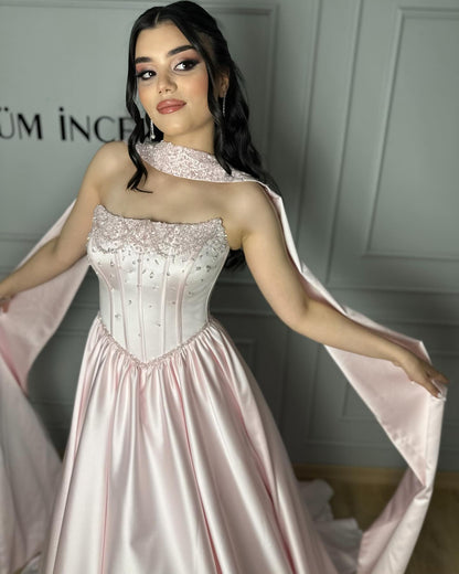 Beaded Pink Strapless Sleeveless A-Line Floor-Length Evening Dress