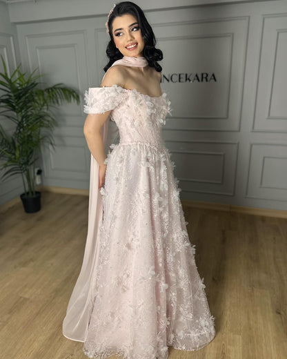 Pink Flowers Off the Shoulder A-Line Sleeveless Evening Dress Formal