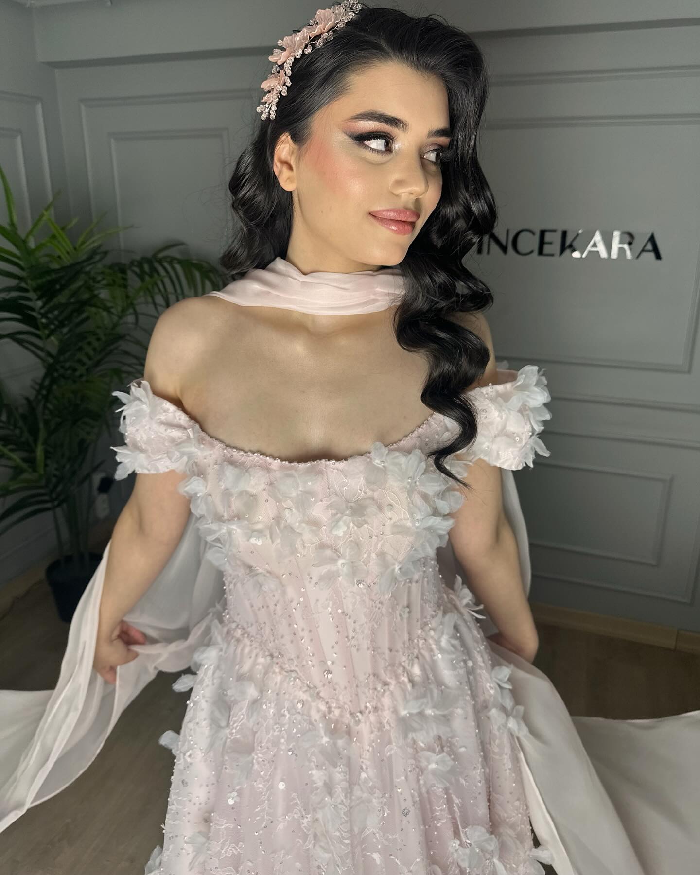 Pink Flowers Off the Shoulder A-Line Sleeveless Evening Dress Formal