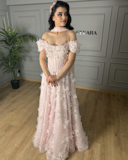 Pink Flowers Off the Shoulder A-Line Sleeveless Evening Dress Formal