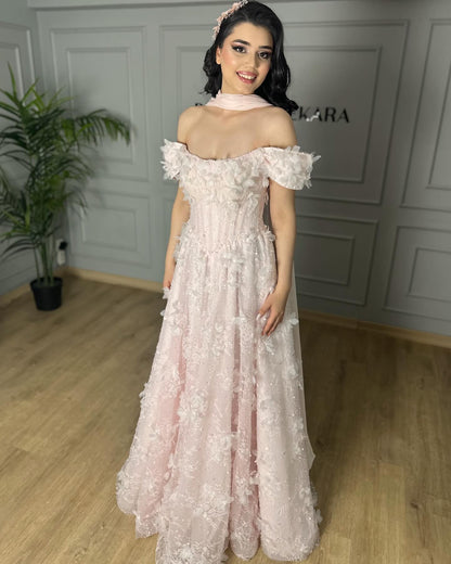 Pink Flowers Off the Shoulder A-Line Sleeveless Evening Dress Formal