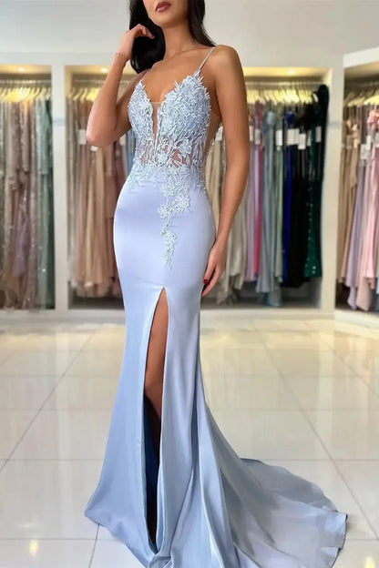 Blue Lace Evening Dress Mermaid Long 2026 Prom Dress with high slit