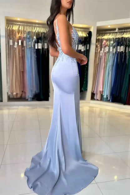 Blue Lace Evening Dress Mermaid Long 2026 Prom Dress with high slit