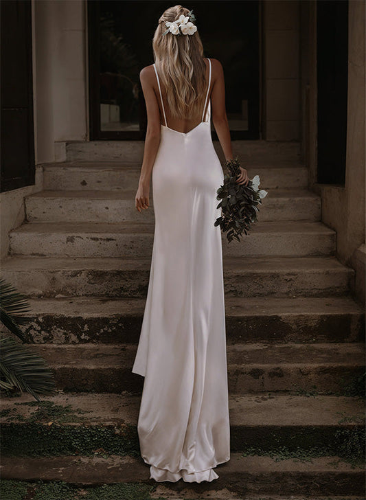Boho Garden Backless V-Neck Wedding Dresses Silk Like Satin