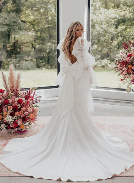 Boho Garden Mermaid Fitted Wedding Dress Open Back Bow