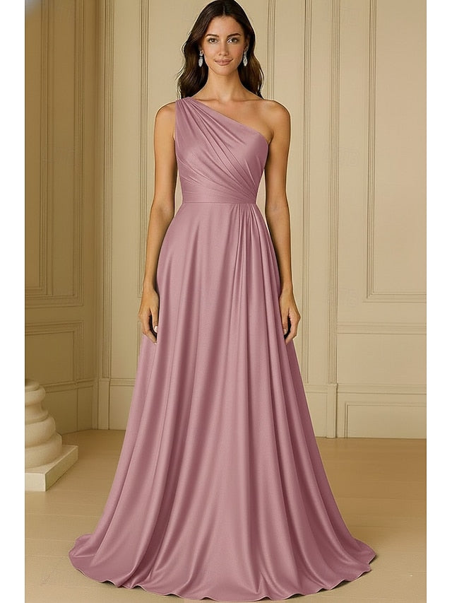One Shoulder Sleeveless A-Line Floor-Length Formal Evening Dress