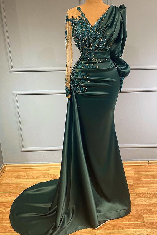 V Neck Long Sleeves Prom Dress Beading Dark Green Prom With Lace Appliques