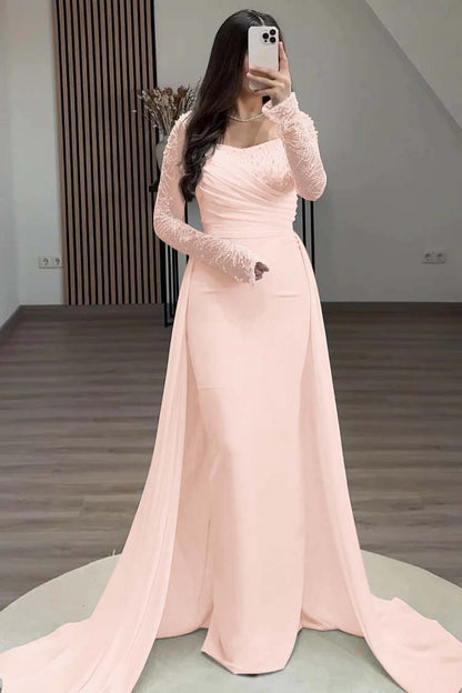 Square Neck Long Sleeves High Waist Long Pleated Mermaid Prom Dress With Beadings And Ruffles
