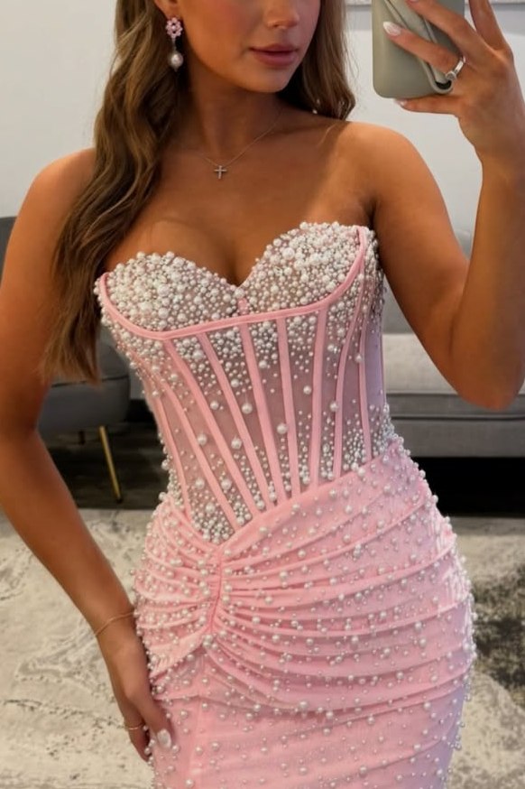 Mermaid Sweetheart Corset Pink Pearls Beaded Long Prom Dresses with Slit