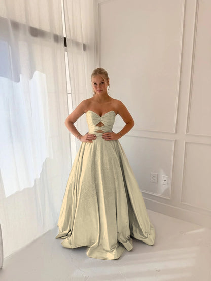 Satin V-Neck Strapless Sleeveless Long A-Line Prom Dress With Pleated And Rhinstone