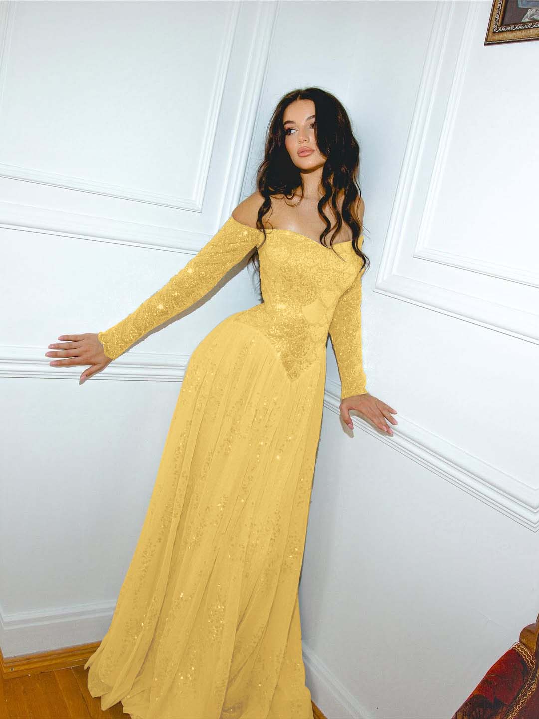 Tulle Off-The-Shoulder Strapless Long Sleeves Long A-Line Prom Dress With Sequins