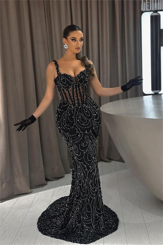Exquisite Black Straps Sleeveless Mermaid Beaded Evening Dress With Gloves