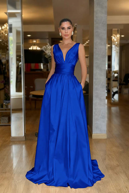 Hidais Straps Sleeveless High Waist Long Prom Dress With Pockets Pleated