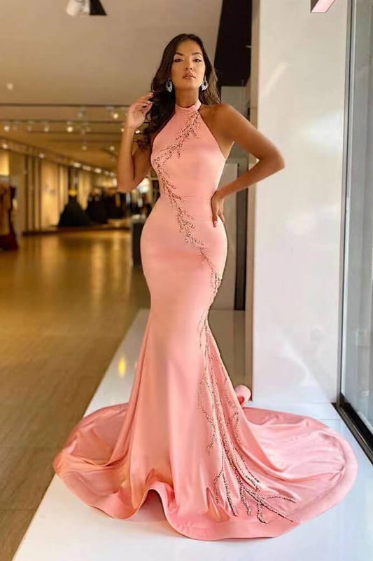 Elegant Pink Mermaid Long Prom Dress High Neck Sleeveless With Appliques
