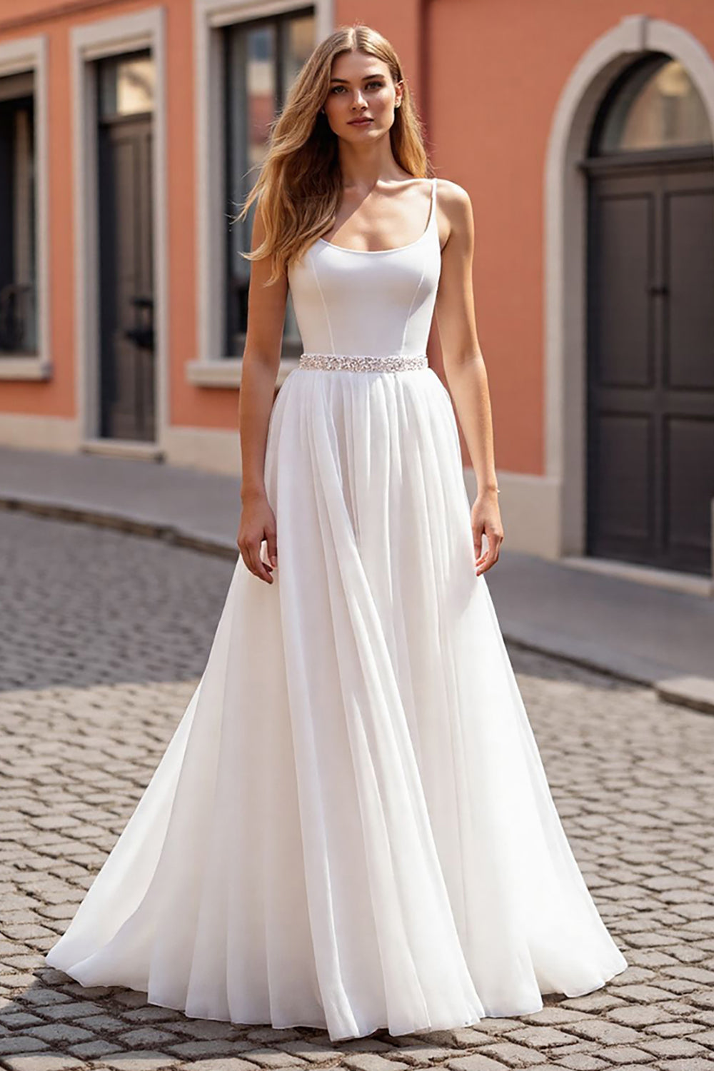 Spaghetti-Straps Sleeveless A-Line Bridal Dresses Scoop Tulle Long With Beads