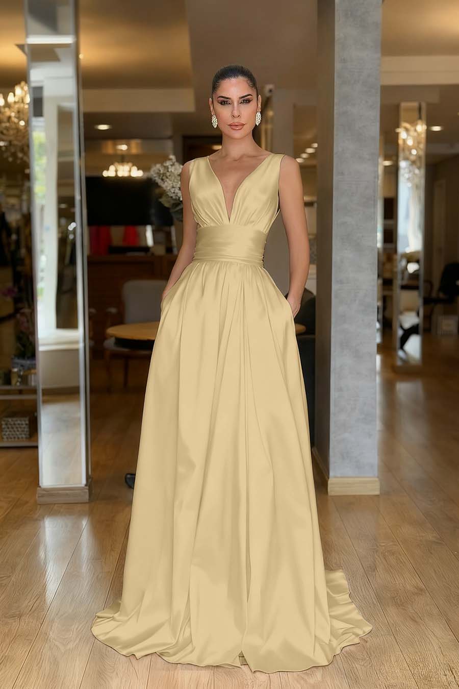 Hidais Straps Sleeveless High Waist Long Prom Dress With Pockets Pleated
